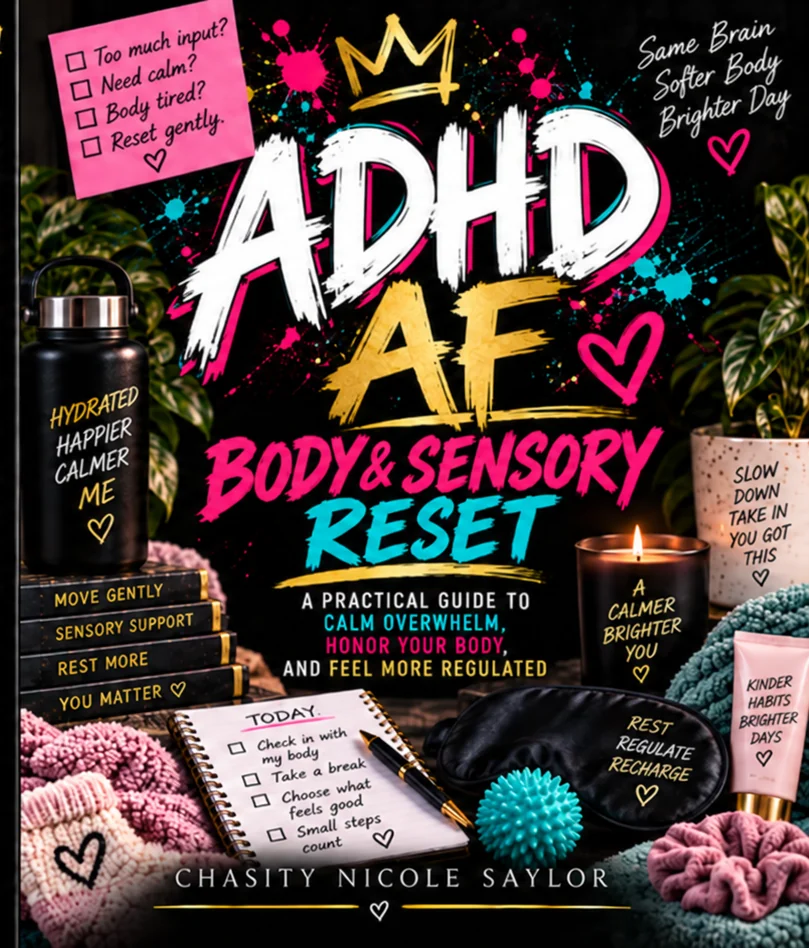 Front cover of ADHD AF Body and Sensory Reset, by Chasity Nicole Saylor