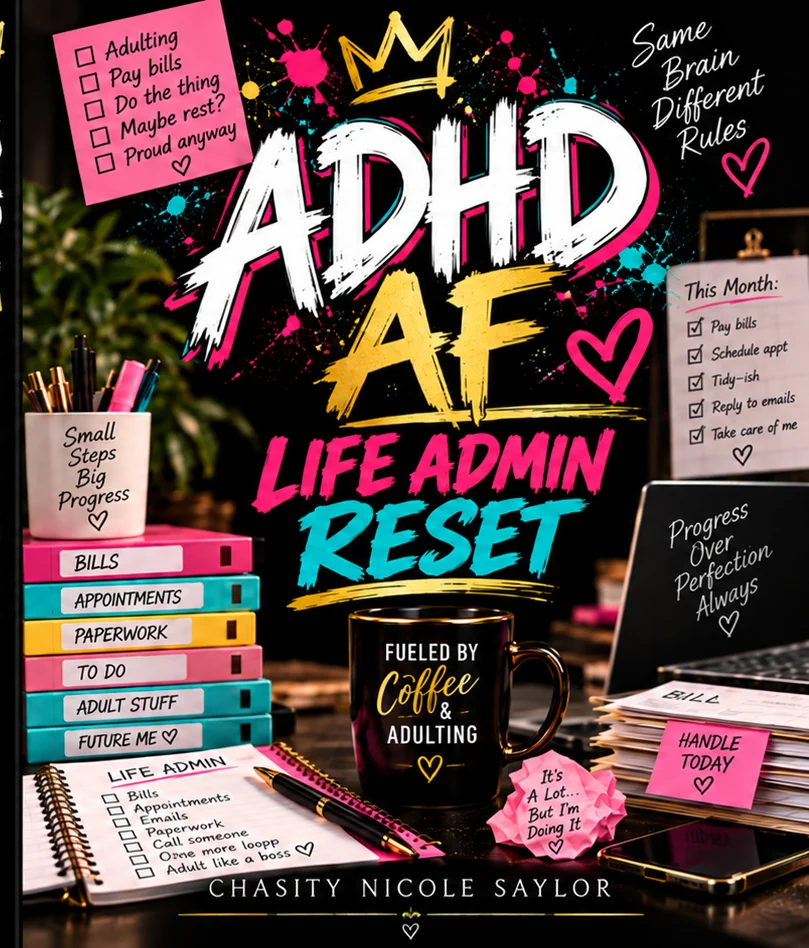 Front cover of ADHD AF Life Admin Reset, by Chasity Nicole Saylor