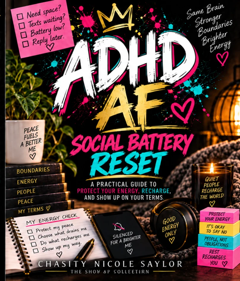 Front cover of ADHD AF Social Battery Reset, by Chasity Nicole Saylor